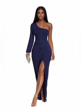 ZESICA Women's One Shoulder Long Sleeve High Slit Cocktail Dress Navy XL